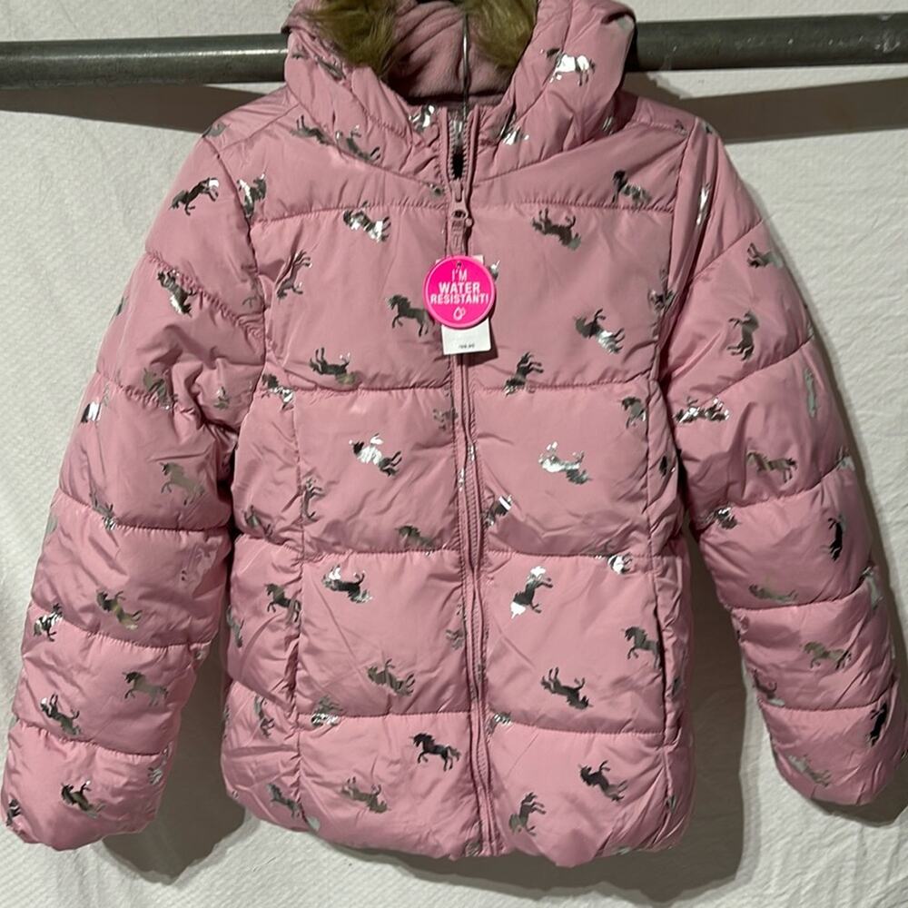 Children place L pink silver unicorn warm puffer coat hood faux fur trim NWT